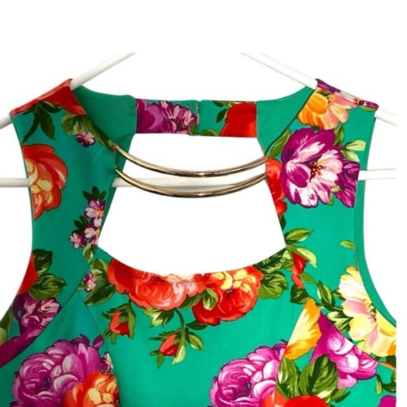 Glam Doll Dress Sleeveless Back Keyhole Cutout Bodycon Pendulum Green Floral M - Picture 13 of 16